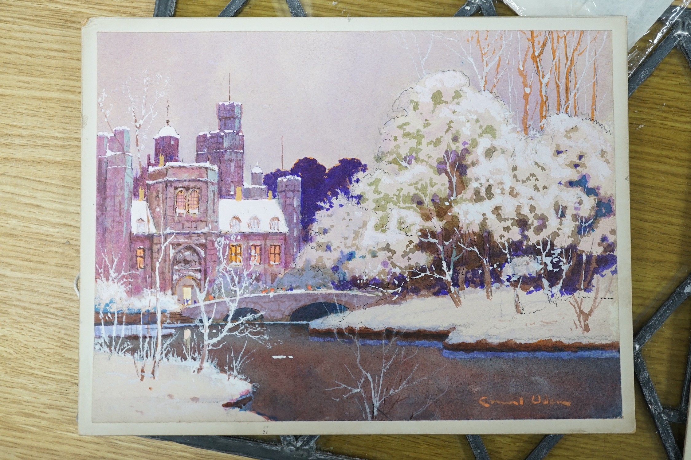Ernest Uden (1911-1986), four watercolours with bodycolour, vintage greeting card designs, winter scenes, signed, 28 x 20cm, unframed